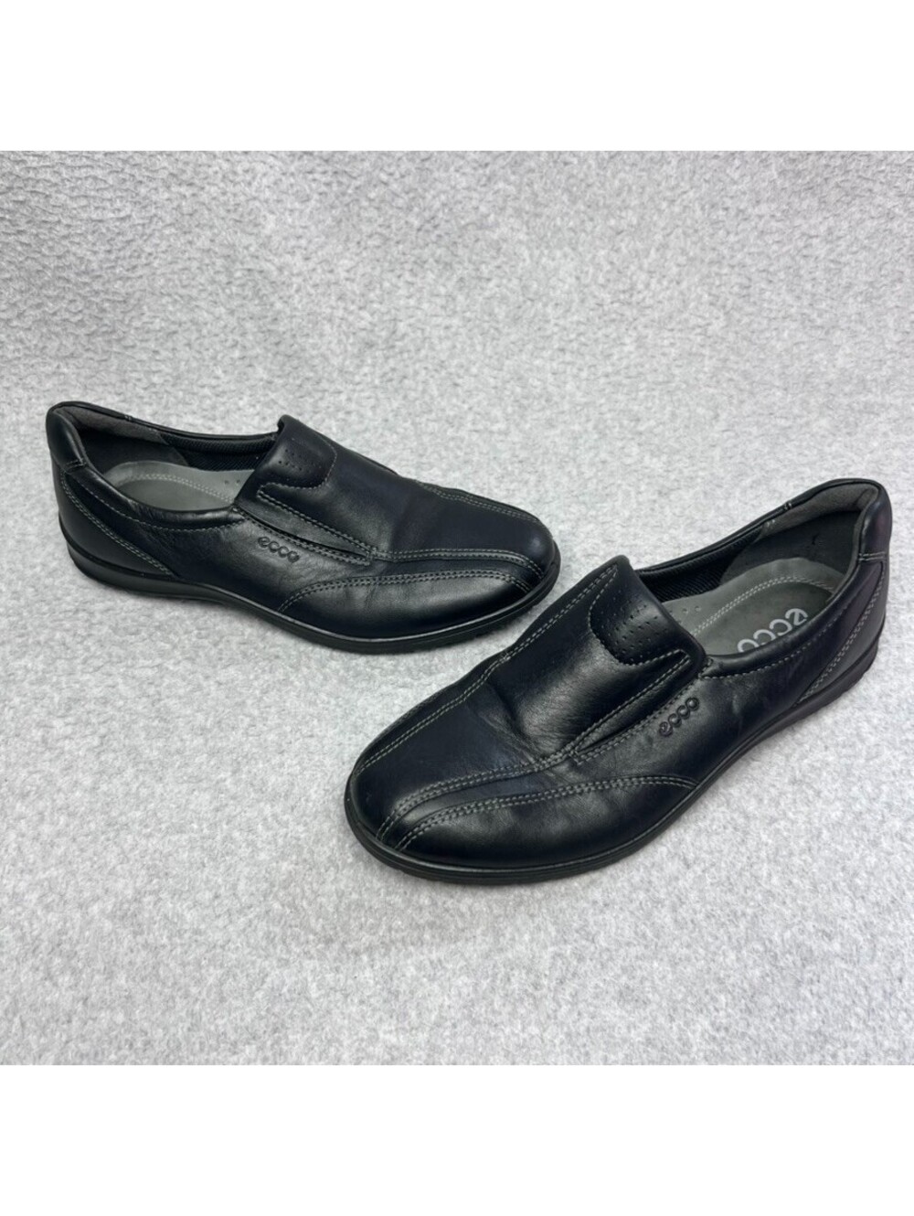 ECCO Womens 38 7 Black Leather Slip On Loafers Shoes Walking Comfort Shock Point
